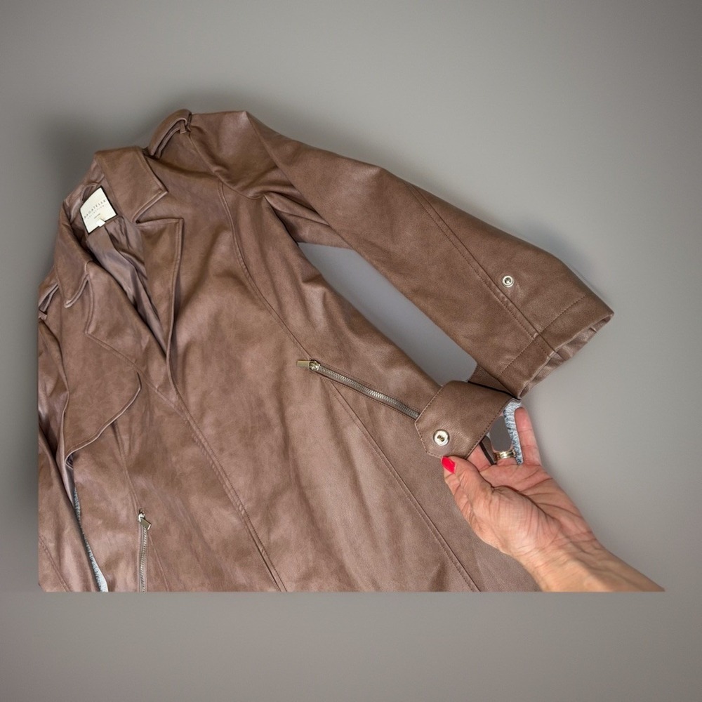 NWOT Bagatelle Brown Faux Leather Long Moto Jacket Zip Pockets Women's Size XL - Picture 3 of 13